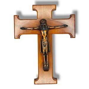 Antique Cross Crucifix Bronze Wood Wall Hanging 9"